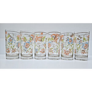Vintage Set of 6 Signed Cora Tumbler Glasses Floral Pattern Drinkware 6”